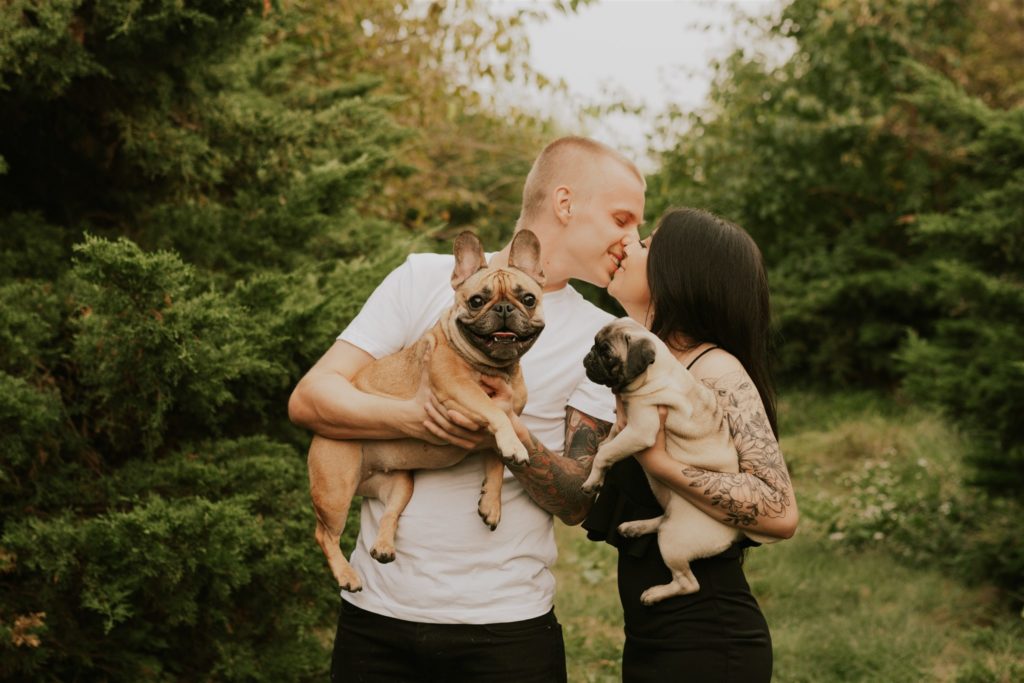 couple kissing holding their dogs in fall couples session