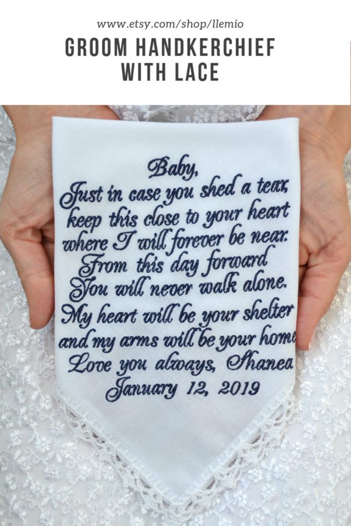 embroidered tissue for groom on wedding day from bride